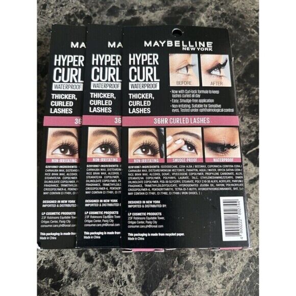 Maybelline New York Hypercurl Mascara Washable Black 9.2g  3 Sets Maybelline Hypercurl Waterproof Black Mascara 36HR Curled Lashes‎